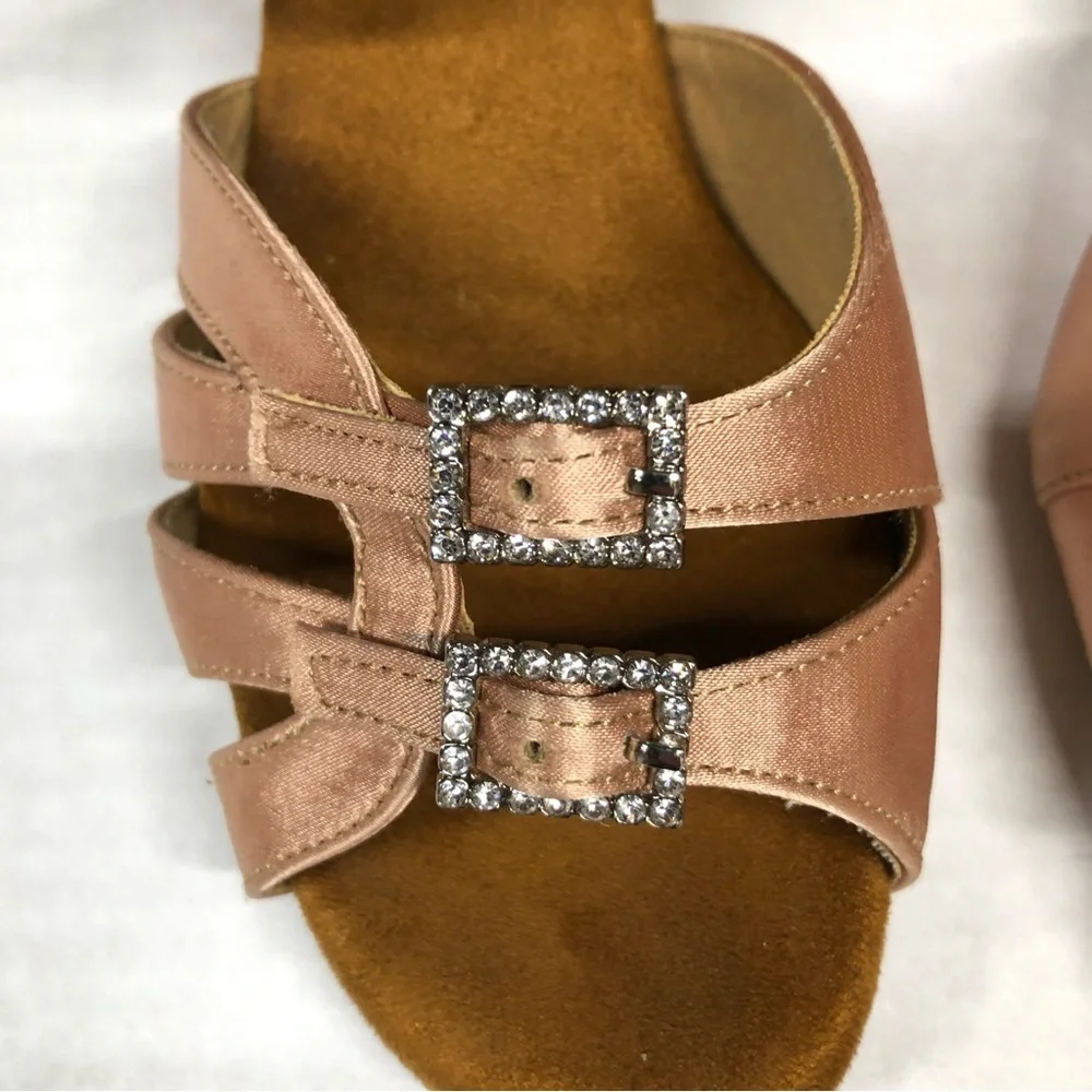 Dance Shoes 7.5 Nude Satin Sandals Rhinestone Buckles 1.5 inch heels Beige Danza - Picture 2 of 9